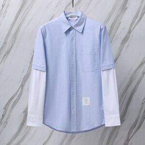 Thom Browne blue and white patchwork long-sleeved shirt